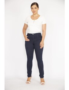 Şans Women's Large Size Navy Blue 4-Pocket Lycra Gabardine Trousers