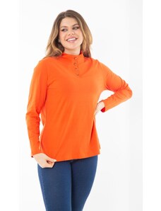 Şans Women's Plus Size Orange Cotton Fabric Front Pat Buttoned Long Sleeve Blouse