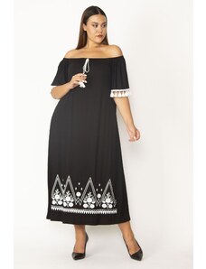 Şans Women's Plus Size Black Collar Viscose Dress With Elastic And Embroidery Detail