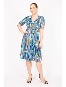 Şans Women's Colorful Plus Size Colorful Dress with Belt and Belt at the waist