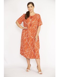 Şans Women's Orange Plus Size Woven Viscose Fabric Short Sleeve Dress