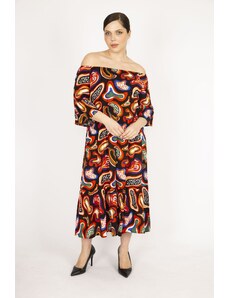 Şans Women's Colorful Plus Size Woven Viscose Fabric Collar Elastic Sleeve And Gathered Hem Dress