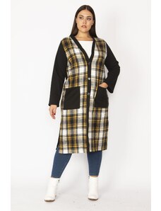 Şans Women's Plus Size Yellow Checkered Front Buttons and Cape with Pocket