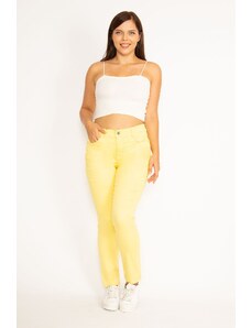 Şans Women's Large Size Yellow Lycra Gabardine Fabric Side Belt Elastic 5 Pocket Trousers