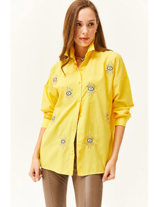 Olalook Women's Yellow Sequin Detailed Woven Boyfriend Shirt