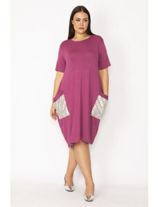 Şans Women's Plus Size Lilac Viscose Dress with Pocket Sequin Detail