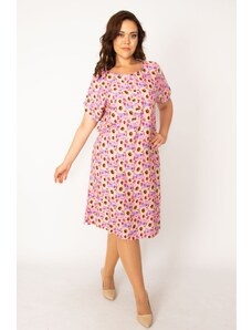 Şans Women's Plus Size Colorful Woven Viscose Fabric Front Pats with Buttons and a Belted Waist Dress
