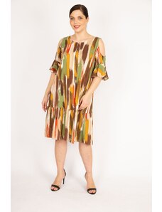 Şans Women's Khaki Plus Size Off-Shoulder Woven Viscose Fabric Side Pocket Dress