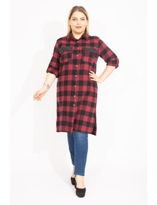 Şans Women's Plus Size Burgundy Plaid Patterned Front Buttoned Faux Leather Garnish Tunic Dress