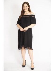 Şans Women's Black Plus Size Collar And Skirt Tulle Detail Elastic Collar Dress
