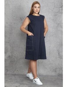 Şans Women's Plus Size Navy Blue Contrast Stitching Detail Pocket Gabardine Fabric Dress
