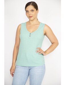 Şans Women's Green Large Size V-Neck Front Ornamental Buttoned Camisole Fabric Tank Top