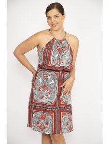 Şans Women's Colorful Plus Size Elastic Waist Detailed Strap Dress