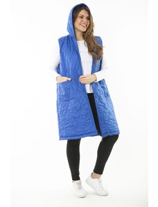 Şans Women's Plus Size Sax Front Zippered Hooded Quilted Lined Long Coat