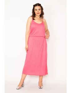 Şans Women's Large Size Pink Elastic Waist Strap Viscose Dress