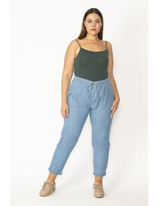 Şans Women's Blue Blue Elastic Waist And Front Lace-Up Outerwear Pocket Double Leg Fabric Trousers