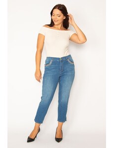 Şans Women's Plus Size Blue Pocket Mouth Stone Detail Side Belt With Elastic Elastic 5 Pockets Jeans