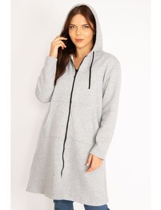 Şans Women's Plus Size Gray Ragged Fleece Fabric Front Zippered Kangaroo Pocket Hooded Coat