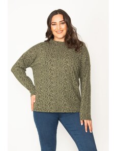 Şans Women's Plus Size Khaki Jacquard Patterned Crew Neck Long Sleeved Tunic