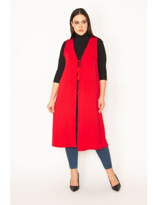 Şans Women's Plus Size Red Unlined Long Vest with Lace-Up Detail in the Front