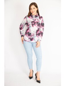 Şans Women's Colorful Plus Size Front Pat Zipper Long Sleeve Blouse