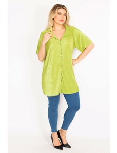 Şans Women's Plus Size Green Blouse with Front Buttons