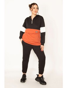Şans Women's Plus Size Orange Pat Zippered Kangaroo Pocket And Hooded Tracksuit