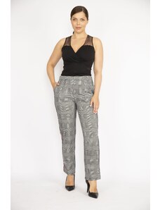 Şans Women's Gray Plus Size Checkered Elastic Waist And Side Stripe Detailed Trousers