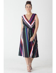 Şans Women's Plus Size Patterned, Wrapped Striped Dress