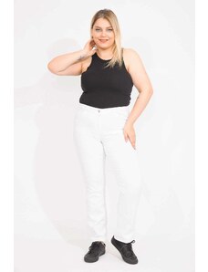 Şans Women's White Large Size Belt Braided Lycra 5 Pocket Jeans