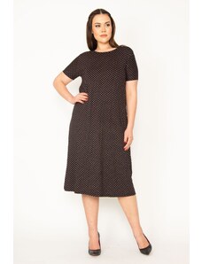 Şans Women's Plus Size Black Floral Patterned Short Sleeve Viscose Dress