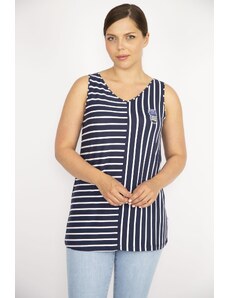 Şans Women's Navy Blue Large Size Stripe Combination Tank Top