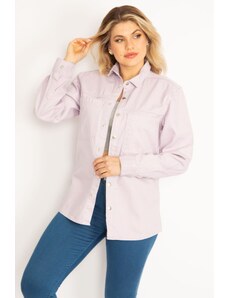 Şans Women's Plus Size Lilac Chest Pocket Front And Sleeve Snap Buttons Gabardine Coat