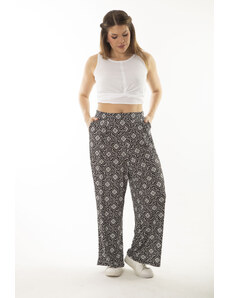 Şans Women's Plus Size Black High Waist Patterned Pants with Side Pockets and Elastic Waist