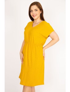 Şans Women's Mustard Plus Size Elastic Waist V-Neck Low Sleeve Dress