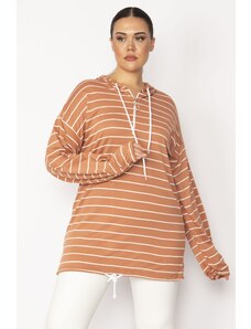 Şans Women's Large Size Tan Front Placket Zippered Eyelet and Lace Detailed Hooded Striped Tunic