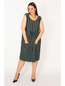 Şans Women's Plus Size Khaki Stripe Combined Pocket Dress