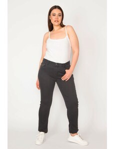 Şans Women's Large Size Anthracite 5 Pocket Lycra Jean Trousers