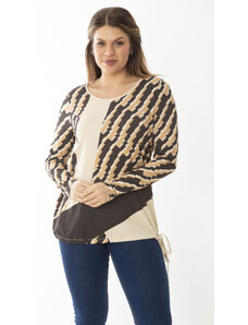 Şans Women's Plus Size Milky-brown Patterned Blouse with a Lace-up Hem