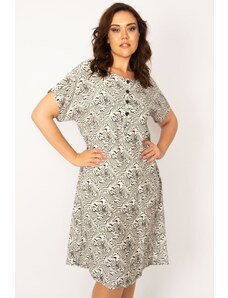 Şans Women's Plus Size Bone Woven Viscose Fabric Front Patties with Buttons and a Belted Waist Dress