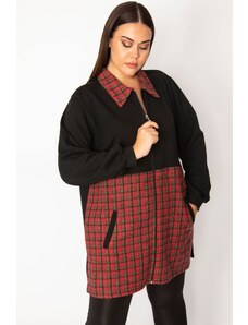 Şans Women's Plus Size Burgundy Plaid Pattern Detailed Zippered Pocket Coat