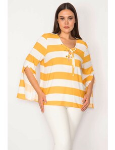 Şans Women's Plus Size Yellow Collar Striped Blouse with Eyelets and Lace-Up Detail with a Sleeve Slit