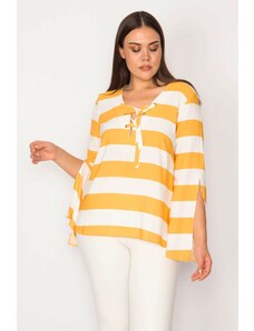 Şans Women's Plus Size Yellow Collar Striped Blouse with Eyelets and Lace-Up Detail with a Sleeve Slit