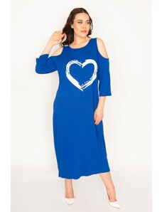 Şans Women's Plus Size Saxe Blue Decollete Front Printed Dress