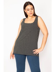 Şans Women's Black Plus Size Cotton Fabric Lycra Point Patterned Sleeveless Blouse