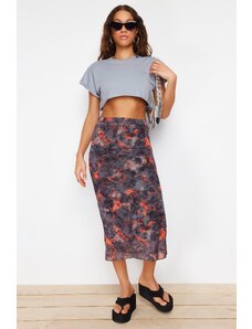 Trendyol Anthracite High Waist Printed Midi Stretchy Lined Tulle Knitted Skirt