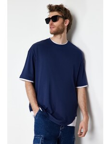 Trendyol Námořnická modrá oversize/wide-fit bílé panelové tričko s krátkým rukávem ze 100% bavlny