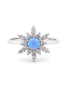 Rafity Stříbrný prsten vločka s modrým opálem a zirkony