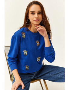 Olalook Women's Saks Blue Eye Embroidered Seasonal Sweatshirt