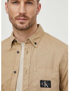 Bavlněná košile Calvin Klein Jeans béžová barva, regular, s límečkem button-down